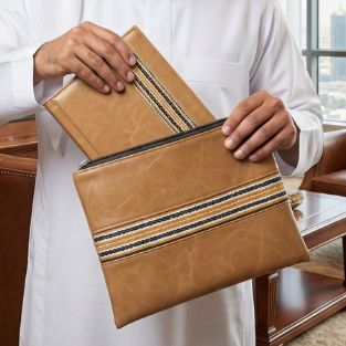 حقيبة يد فاخرة مع دفتر من اللون البني من الجلد المعاد تدويره مزين بالسدو المشغول يدوياً 