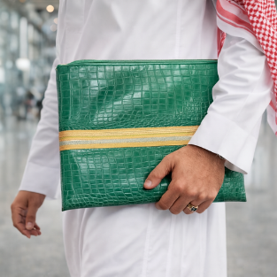 حقيبة آيباد ولابتوب فاخرة بالجلد المعاد تدويره باللون الأخضر مزين بالزري الذهبي المشغول يدوياً