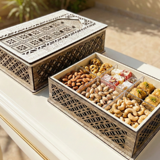 صندوق حلويات أو هدايا فاخر مصنع من الخشب و الجلد الفاخر المعاد تدويره مزين  بنقش الاحساء