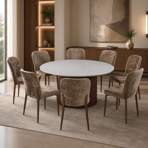 طاولة طعام بديل رخام دائري 8 كرسي M-036 BROWN/BROWN
