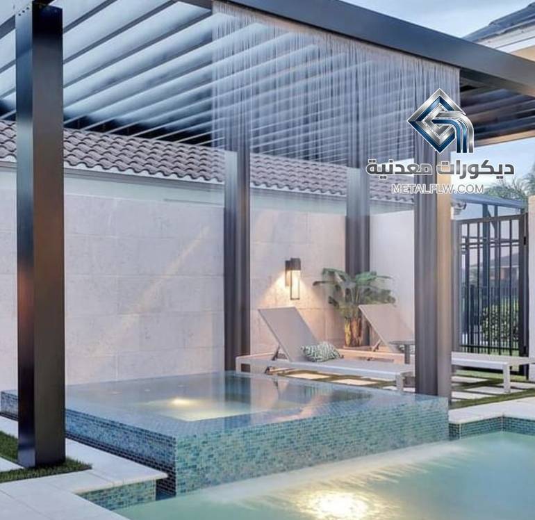 تصميم مسبح وجاكوزي سبا فلو المتكامل مع ستارة مطرية علوية