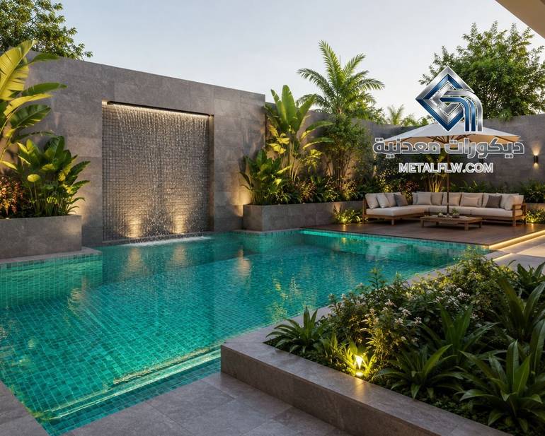 تصميم مسبح أوايسس فلو المتكامل مع شلال جداري مودرن