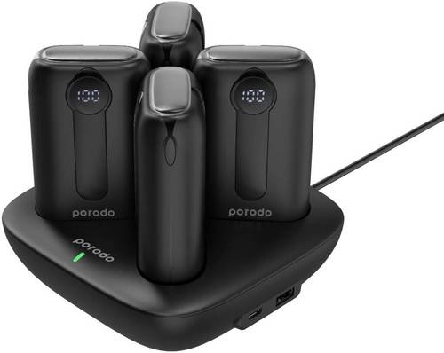 Porodo 4 Power Bank Station Lightning & Type-C كابل مدمج، سعة بطارية 10000 مللي أمبير في الساعة، مخرج طاقة يصل إلى 22.5 وات، قابس بريطاني ثلاثي الأطراف، توافق واسع، أسود | PD-PBFCH043-BK