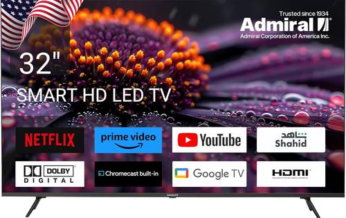تلفزيون ذكي HD 32 بوصة من ادميرال، مزود بموصلات HDMI وUSB مع كروم كاست مدمج ونظام صوت دولبي وواجهة مستخدم سهلة وتصميم نحيف أسود، ADL32JMSACP