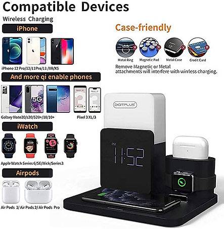 DIGITPLUS Wireless Charger, 7 in 1 Fast Charging Station with Digital Alarm