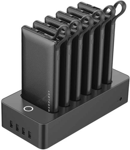 باورولوجي باور بانك 6 في 1 10000mAh مع كيبل مدمج، 3 عبوات باور بانك محمولة ومحطة شحن سريع متوافقة مع ايفون 13 برو ماكس، شاومي اسود، PPBCHA01-BK