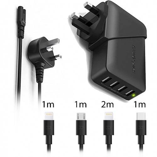 RAVPower قاعدة شحن سطح المكتب وشاحن جداري 40 وات مع 4 كابلات ، أسود