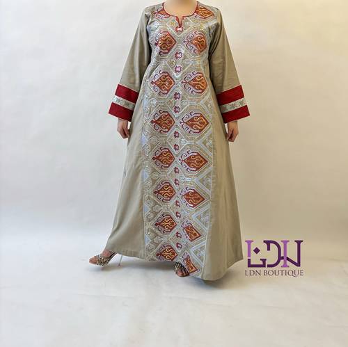 جلابيه لينن رمادي مع تطريز
