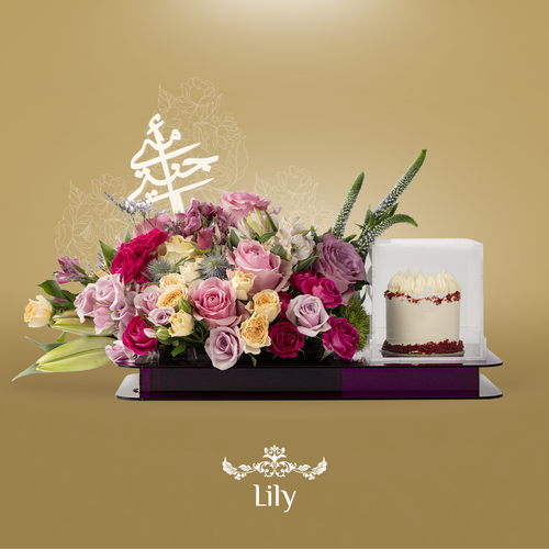 باقة عيد الأم - تنسيق ورد مع كيكة