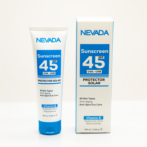 واقي شمسي SPF45 بفيتامين E وحمض الهيالورونيك و النياسيناميد من نيفادا 100 مل