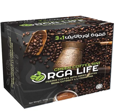Orga life green coffee 3in1 - قهوة اورجالايف للتنحيف 3 في 1 - ل كارنتين - 25 مغلف