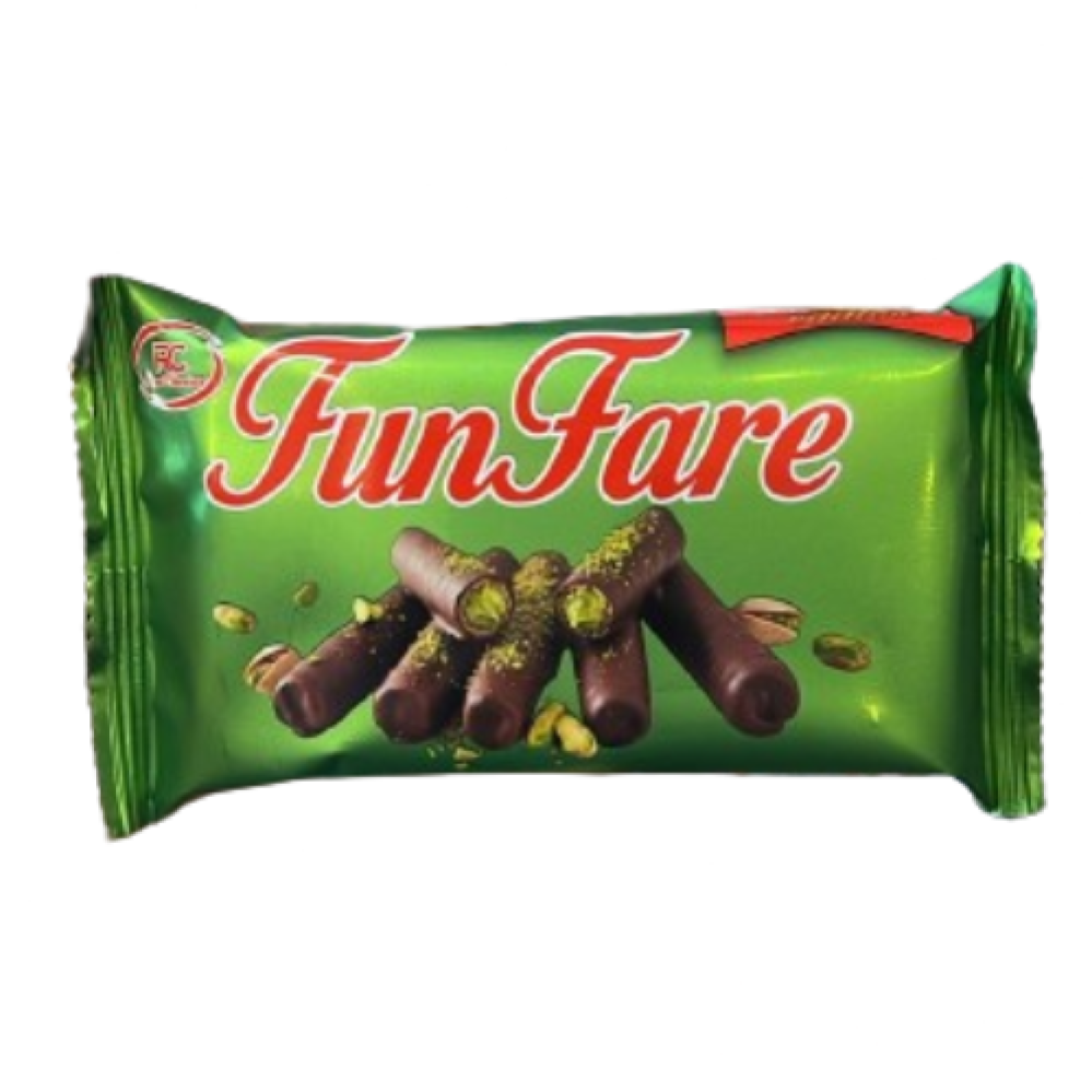 فن فير ويفر رولز – أصابع ويفر مقرمشة مغطاة بالشوكولاتة بحشوة كريمة الفستق | FunFare Wafer Rolls Pistachio Cream