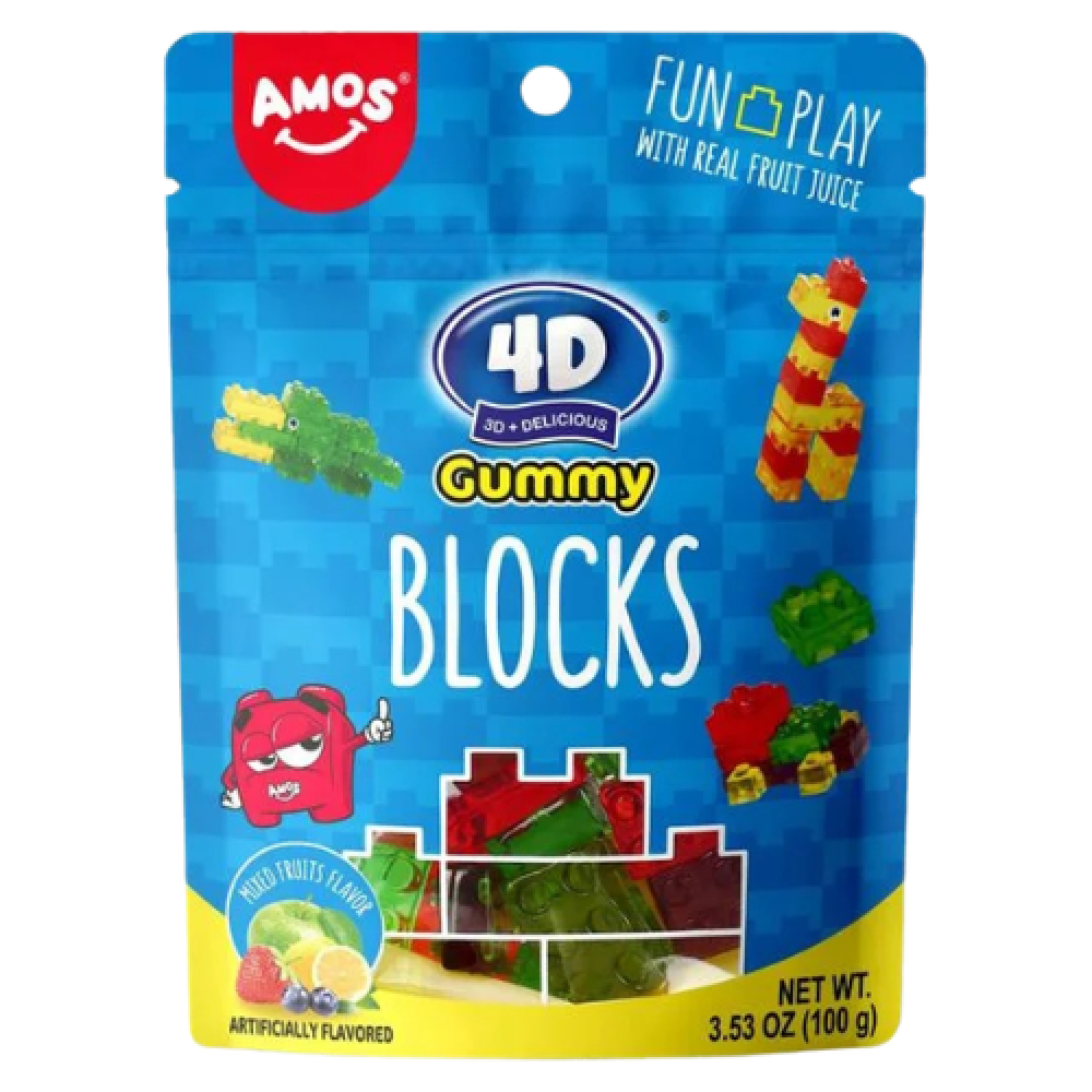 أموس 4D جامي بلوكس – حلوى الجيلي القابلة للبناء بقطع تشبه مكعبات التركيب | AMOS 4D Gummy Blocks Mixed Fruits 72g