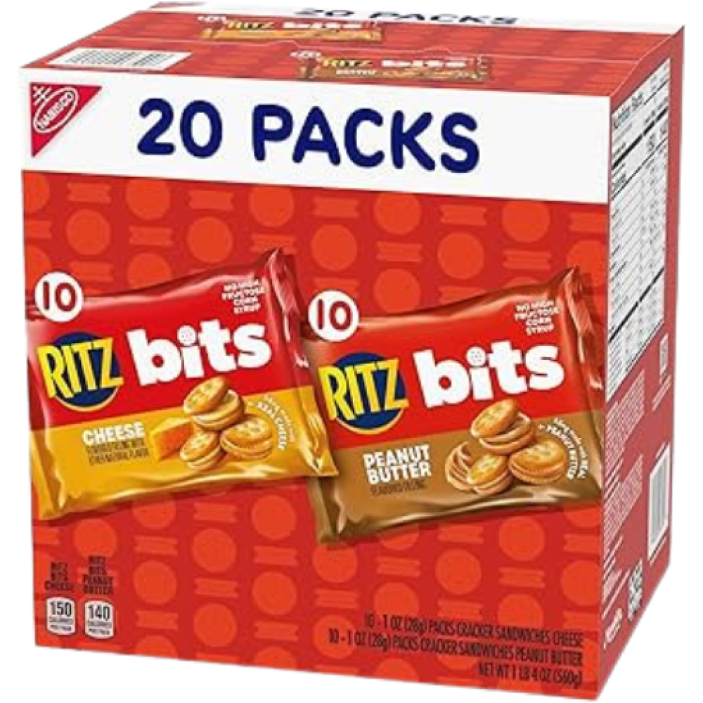 ريتز بتس مشكل جبن وزبدة الفول السوداني – كرتون 20 كيس | RITZ Bits Cheese & Peanut Butter Cracker Sandwiches Variety Pack 20 Count 560