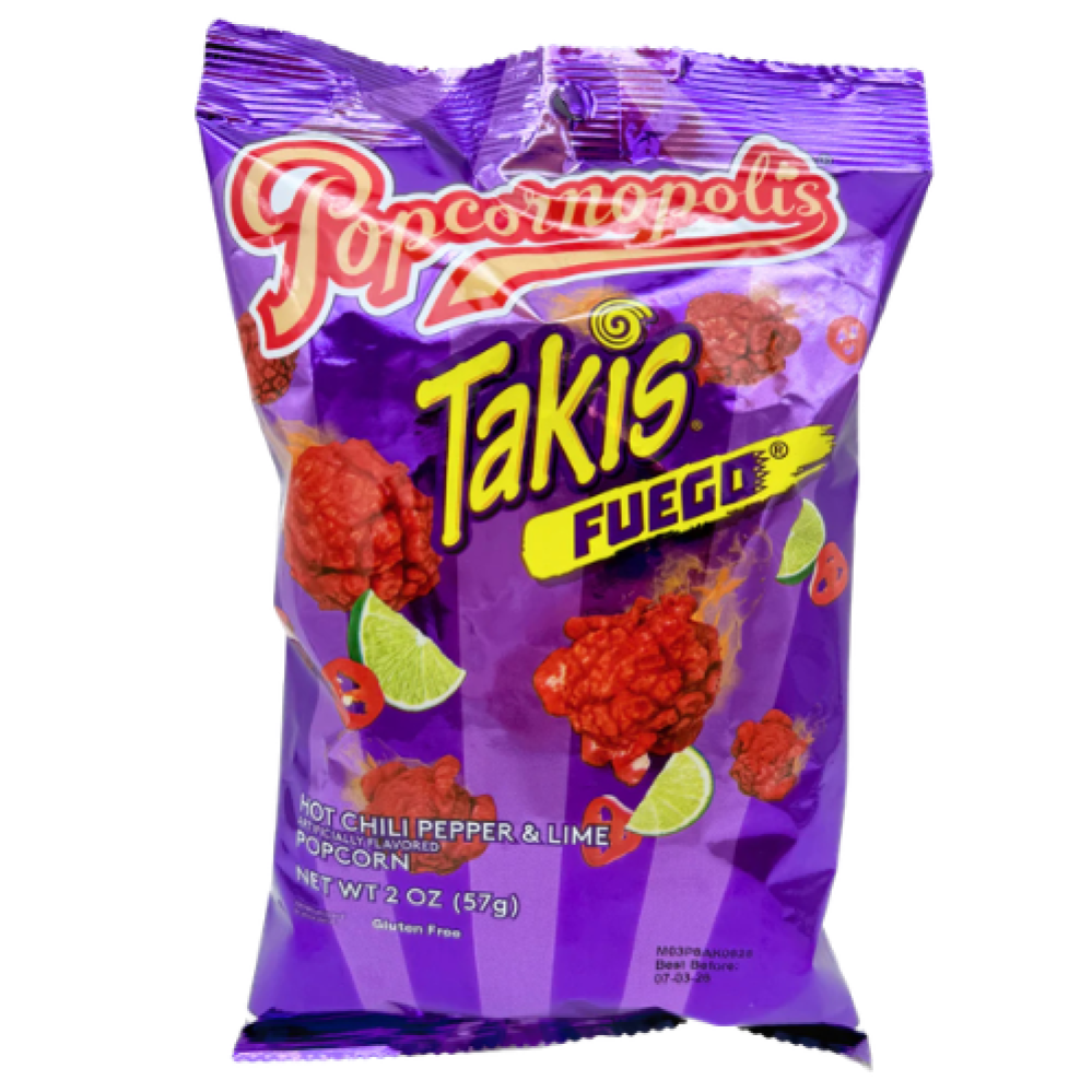 بوب كورنوبوليس تاكيس فويغو – فشار حار بنكهة الفلفل والليمون | Popcornopolis Takis Fuego Hot Chili Pepper & Lime Popcorn 57g