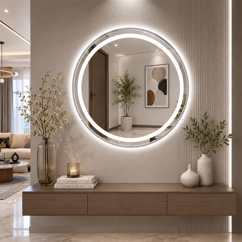 مرآة دائرية بإطار فضي وإضاءة 80 × 80 سم