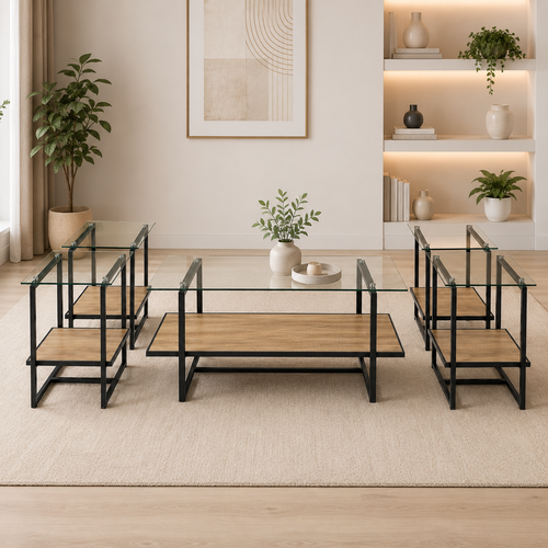 طقم شاي خشب زجاج مستطيل 1+4 C160 WOOD