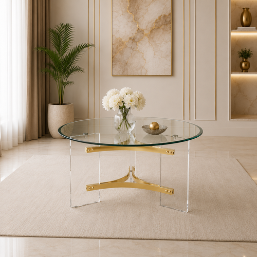 طاولة شاي اكلريك زجاج مفرد 90*90 GOLD 3019