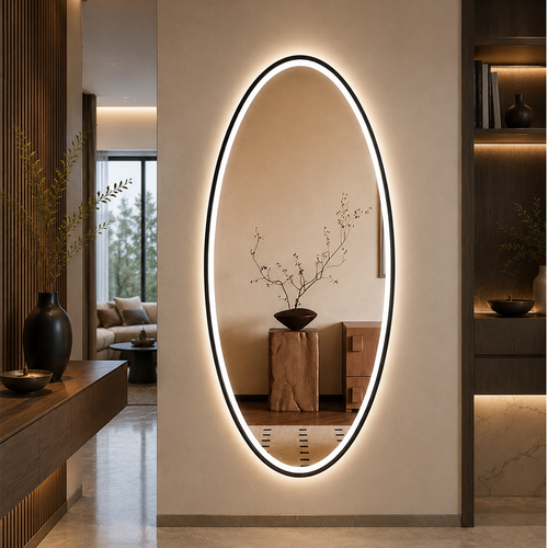 مرآة حائط بيضاوية بإطار أسود وإضاءة 120 × 60 سم