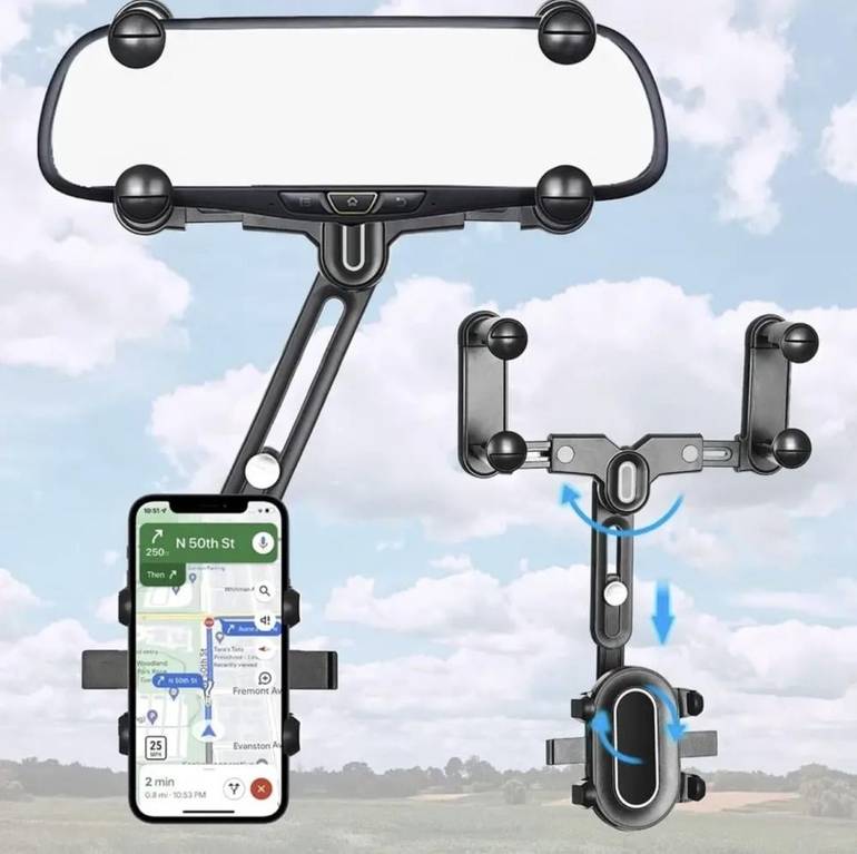 حامل هاتف بمرآة الرؤية الخلفية للسيارة 360 ° - متوافق مع الهواتف وأجهزة GPS