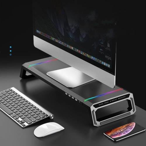 طاولة حاملة للشاشة قابلة للطي مع 4 منافذ USB وحامل للجوال واضاءة RGB