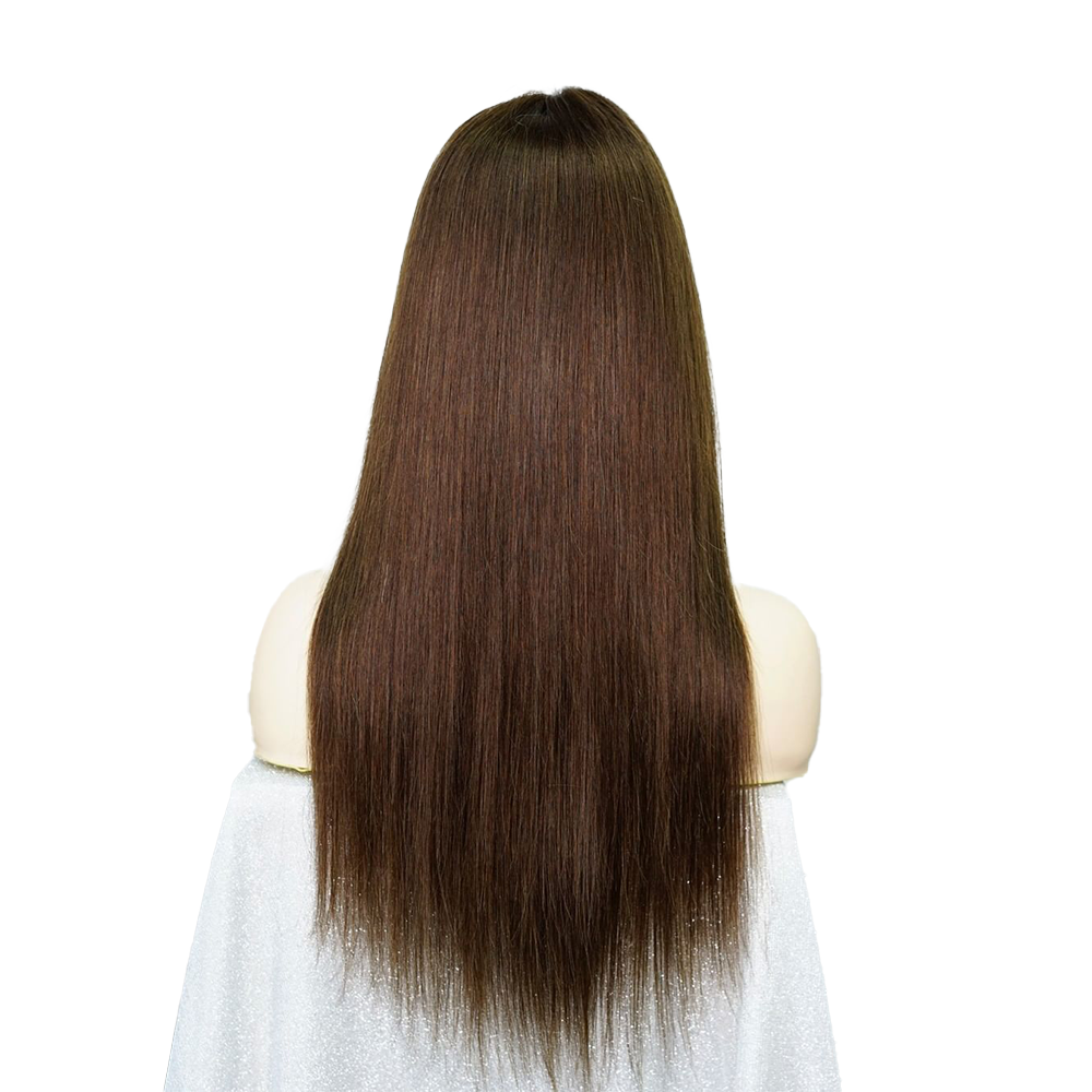 باروكة شعر طبيعي ذات جودة عالية  بلون بني غامق طول شعر قصير وكثافة شعر 180%