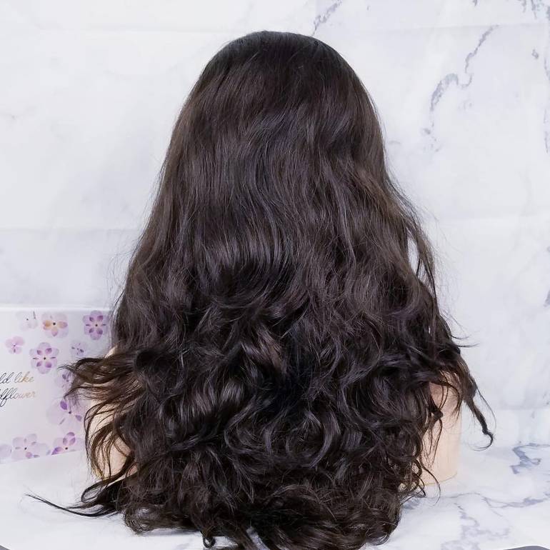 باروكة شعر طبيعي طول 22 انش ويفي كثافة 200% لون بني غامق جذور أمامية فروة دانتيل