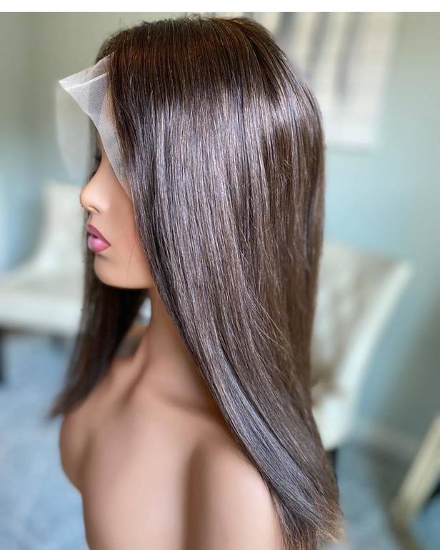 باروكة شعر طبيعي طول 20 انش استريت كثافة 200% لون بني جذور أمامية فروة دانتيل