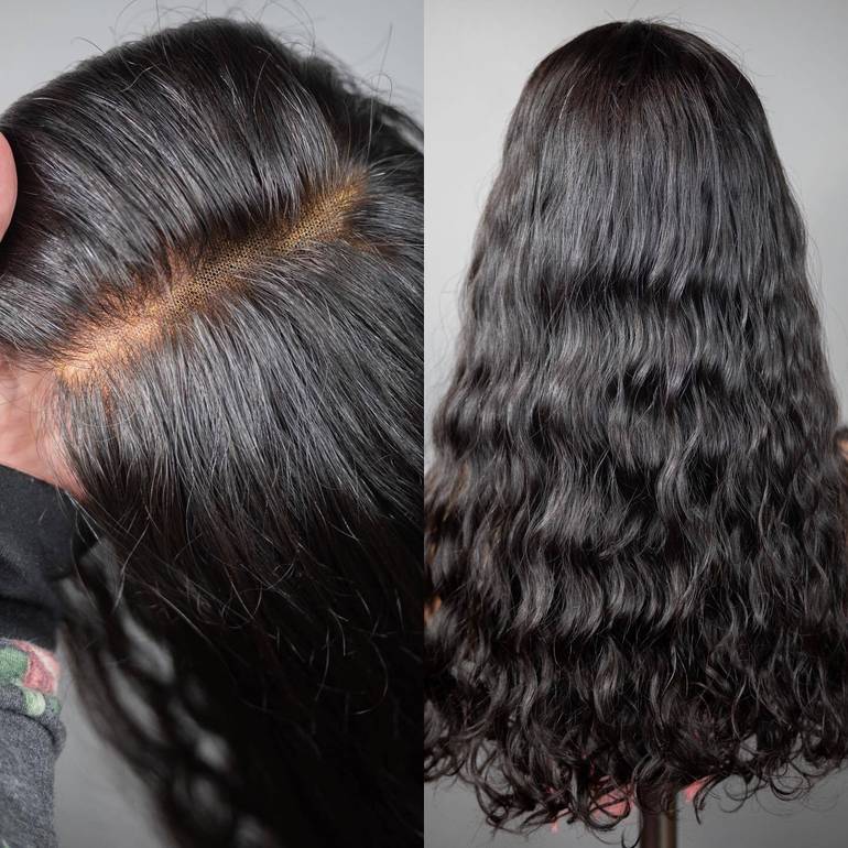 باروكة شعر طبيعي طول 22 انش ويفي كثافة 200% لون أسود جذور أمامية فروة دانتيل