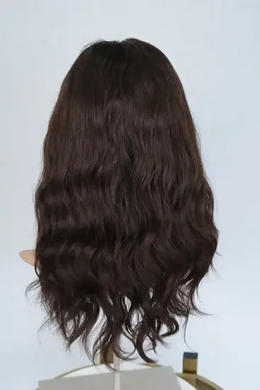 باروكة شعر طبيعي طول 16 انش ويفي  كثافة 200% لون بني جذور أمامية فروة دانتيل