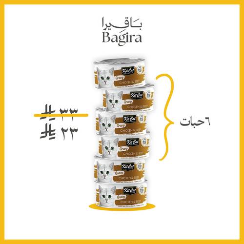 6 معلبات جرايفي دجاج واللحم البقري بالمرق 70غ- كت كات 