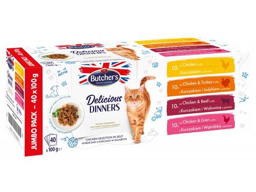 Butcher'S Delicious Dinners Jumbo Pack Food For Cats Chunks With Chicken/Chicken&Turkey/Chicken&Beef/Chicken&Liver In Jelly 40X100G