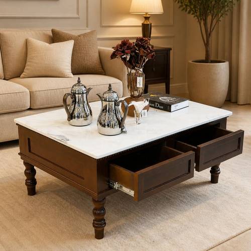 طاوله قهوه من الخشب سطح رخام 70×100سم (منتج تفصيل)