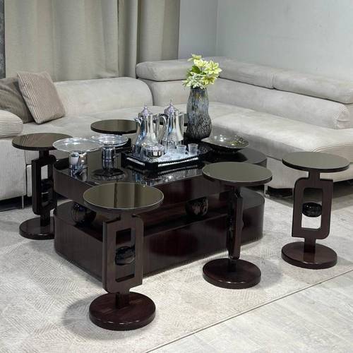  طقم طاولات خشب سنديان سطح مرايه 7قطع 