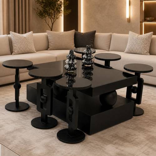 طقم طاولات خشب سنديان سطح مرايه 7قطع 