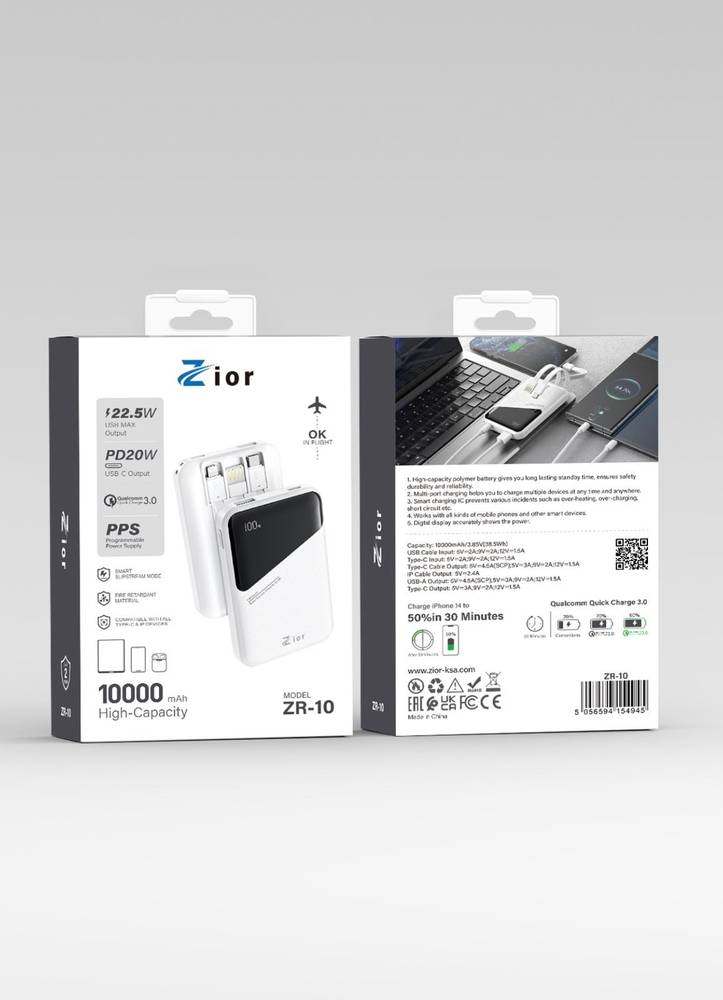 باور بنك 10000الف مدمج ثلاث كيابل يو اس بي تايب سي لايتننق زيور zior-ZR-10
