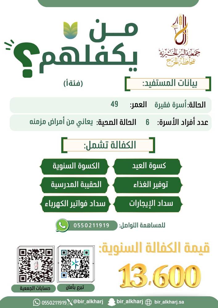 كفالة أسرة فقيرة والدهم مرضه مزمن