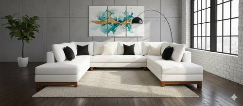 كنبة حرف u خشب سويدي  مخمل اوف وايت  Swedish Wood and Velvet Round Sofa Off White