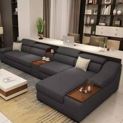 كنبة زاوية خشب سويدي و كتان - رمادي - Swedish wood and linen corner sofa - grey