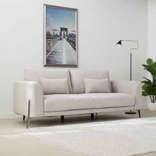 كنبة مقعدين خشب ماليزي و كتان بيج - Two-Seater Sofa, Malaysian Wood and Beige Linen
