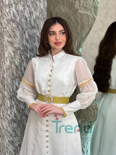 فستان ميلا طويل بحزام اصفر  - 3XL