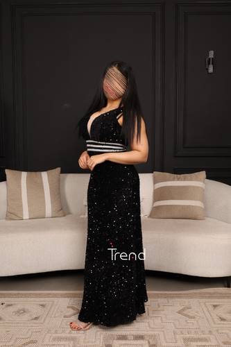 فستان سهرة اسود بخطوط ابيض  من المنتصف  - 2XL