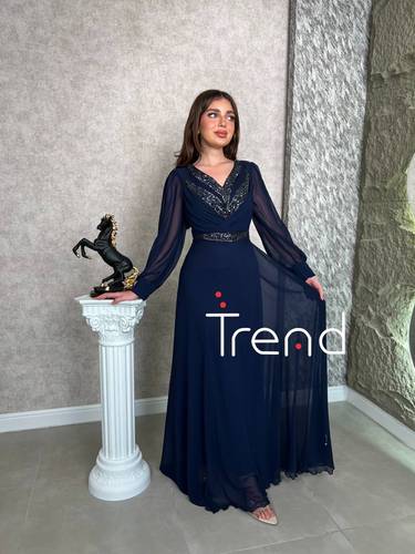فستان كحلي ساتر بأكمام شفافة - 2XL
