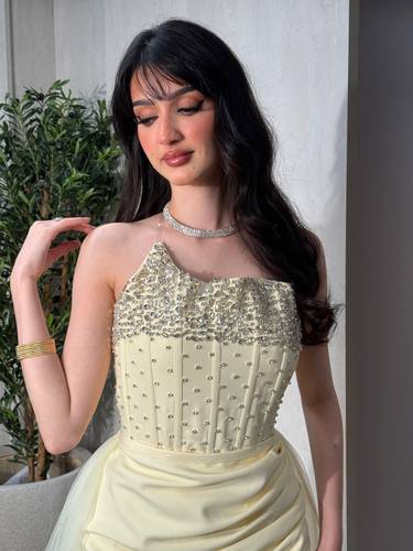 فستان سهره ليموني بقصه لف - 16