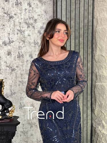 فستان سهرة كحلي تطريز مورد  - 2XL