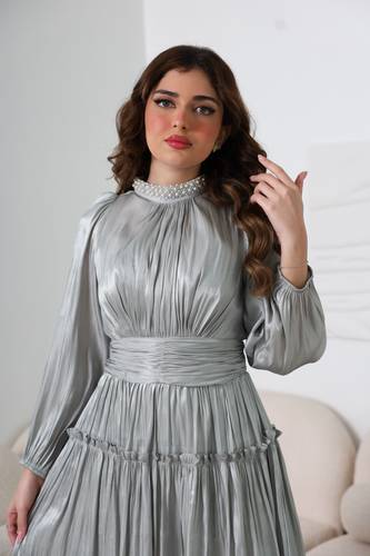فستان ميدي كم طويل بياقة لؤلؤ - XL