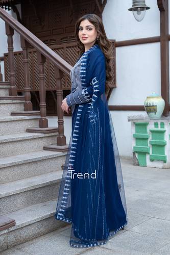 جلابية كحلي قطعتين مطرزة - 4XL