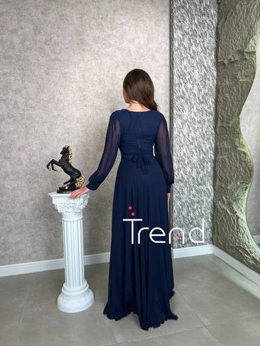 فستان كحلي ساتر بأكمام شفافة - 2XL