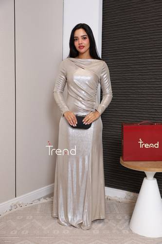 فستان سهره بيج طويل بلمعه  - 2XL