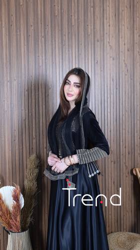 جلابية طويل مطرزة مع طرحة (سودا) - 3XL